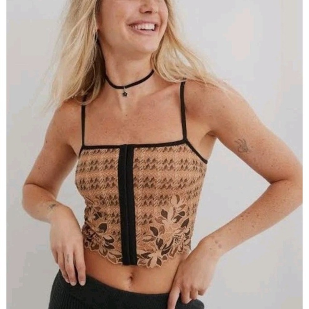 Aerie Lace Corset Bra Top Sz L NWT Tan Black Bustier Crop - Picture 1 of 10